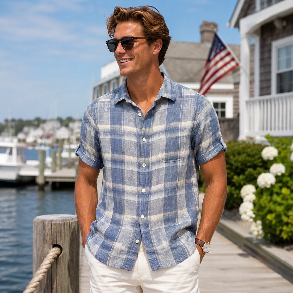 Cremieux 100% Linen Plaid Button Mens Shirt Sz M Coastal Preppy Beach Resort